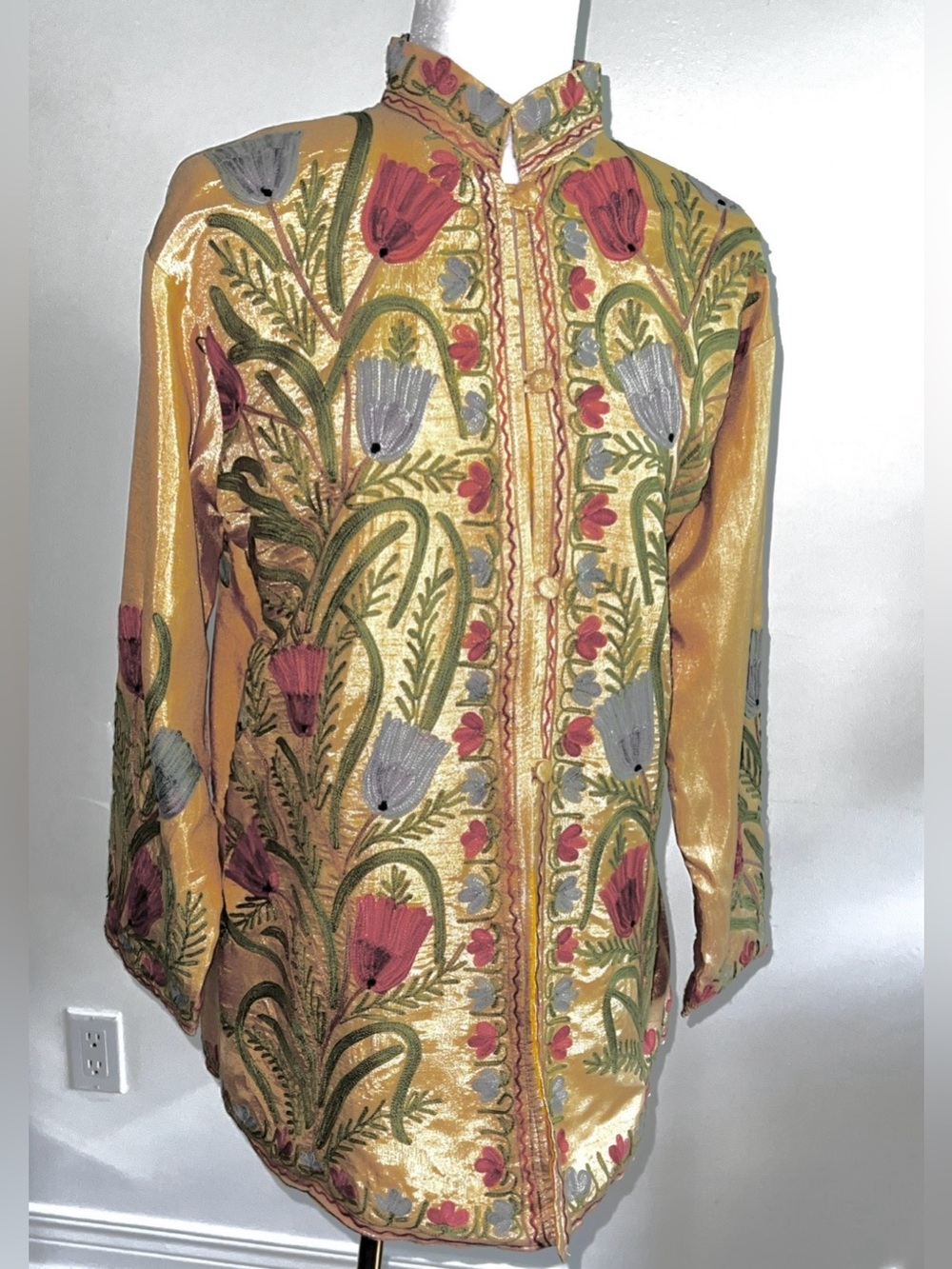 Soft Yellow Embroidered Long Tunic • Raw Silk Look & Feel • Red Blue Poppies - Picture 9 of 12